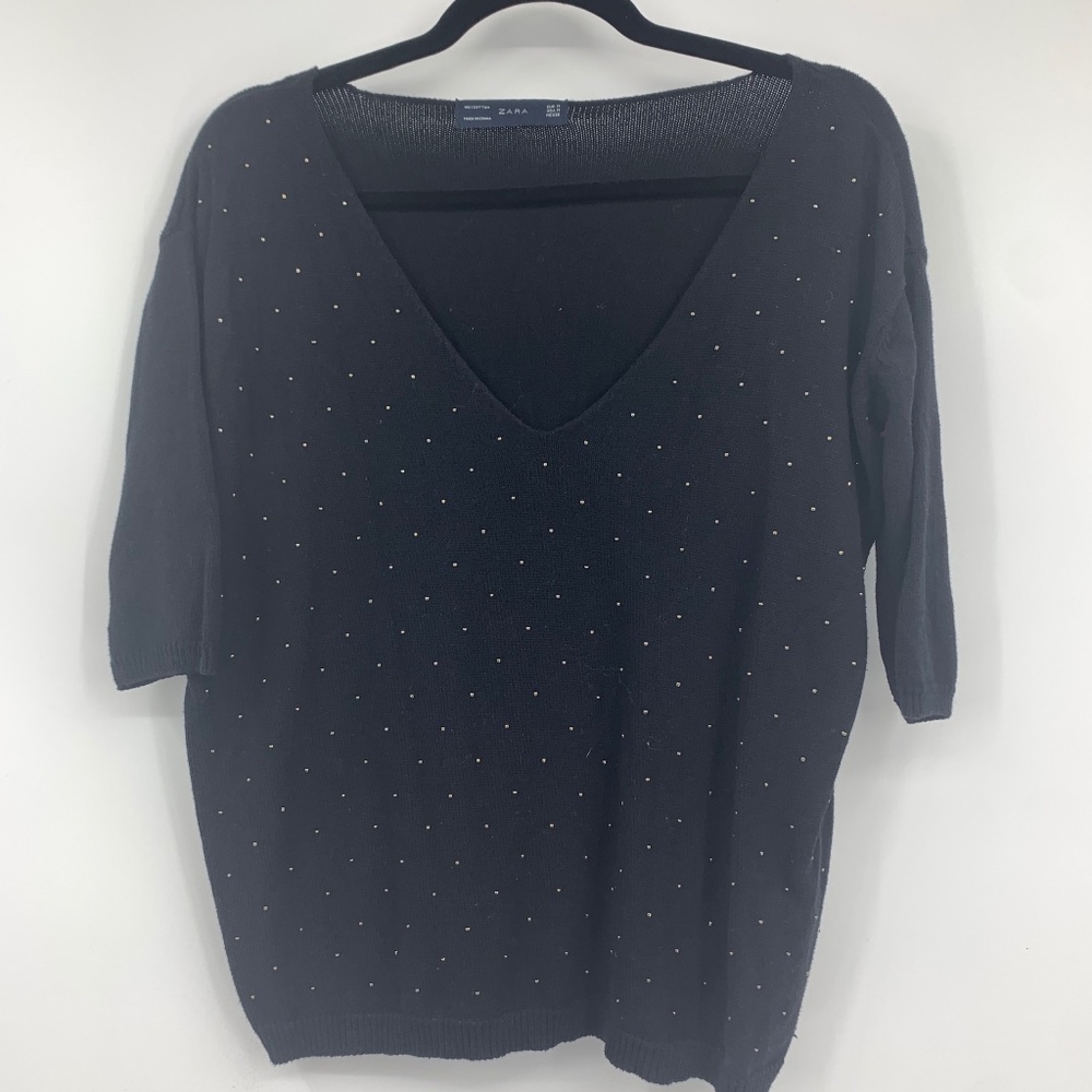 Zara womens medium sweater pullover short sleeve black gold bling vneck
